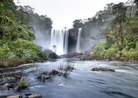 Captivating view of a waterfall cascading through a dense forest, creating a serene water scene.